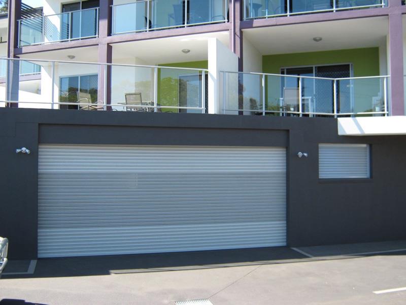 Roller door on the ground floor of an apartment building